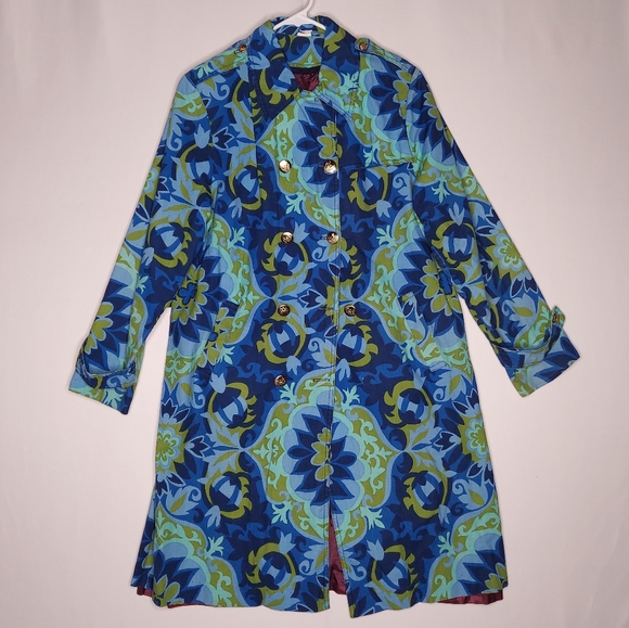 70s Vtg Pyscadelic Trench Coat Women Double-Breasted Gold Button Green Mandala - Picture 1 of 10